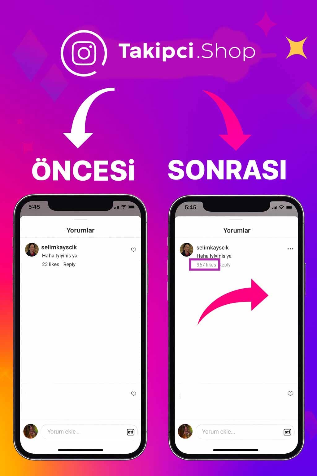 instagram yorum beğeni öncesi sonrası